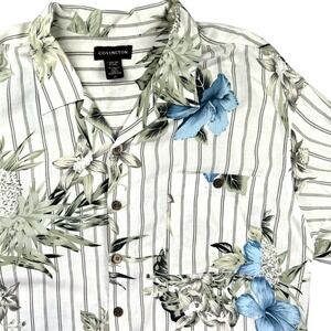 Covington Hawaiian Shirt Men 2XL Rayon Green Floral Aloha Striped Surf Retro